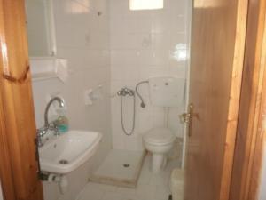 a bathroom with a shower and a toilet and a sink at Giannis Studios in Nikiana