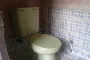 een wit toilet in een badkamer met blauwe tegels bij Penginapan puncak Dua Mitra RedDoorz in Berastagi