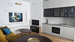 Eimrant Apartment at Vallikraavi في تارتو: غرفة معيشة مع أريكة وطاولة