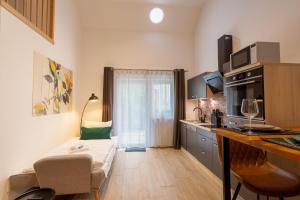 a kitchen with a couch and a table in a room at FeelgooD Apartments LOFT Zwickau CityCenter mit TG-Stellplatz, Netflix, Waipu-TV und Klima in Zwickau
