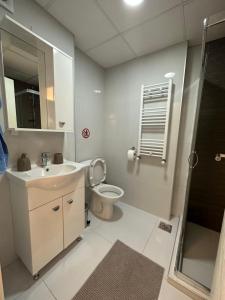 a bathroom with a sink and a toilet and a shower at Skopje Apartments near central Bus Station JK APARTMENTS in Skopje