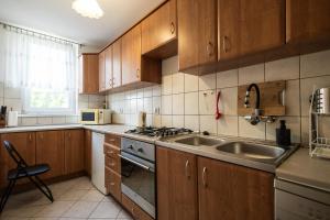 uma cozinha com armários de madeira e um lavatório de aço inoxidável em Apartament Plaza em Toruń