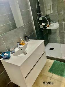 W łazience znajduje się biała umywalka i prysznic. w obiekcie Village de Pozzo appart. 4 pers. w mieście Brando