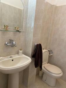 a bathroom with a sink and a toilet and a mirror at Lovely 3 Bedrooms Apartment at city center in Bayt Jālā