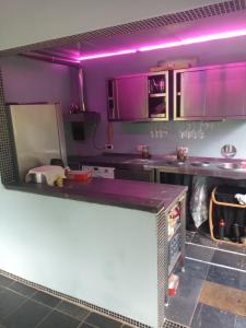 a kitchen with purple cabinets and a counter top at Lijsterlaan 42 in Kapellen
