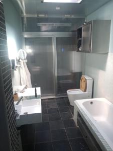 een badkamer met een wastafel, een toilet en een bad bij Lijsterlaan 42 in Kapellen