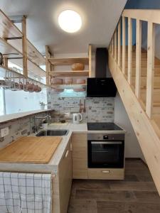 cocina con fregadero y fogones horno superior en Duplex Apartma Nikolina, en Spodnje Jarše