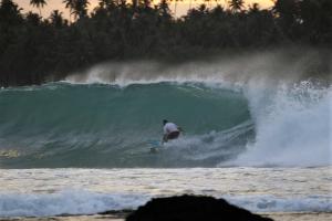 a man riding a wave on a surfboard in the ocean at Nias Shady Palm surfcamp in Lagudri