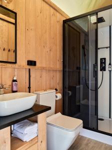 een badkamer met een toilet, een wastafel en een douche bij Zatoria Luxury Glamping ZATOR in Zator