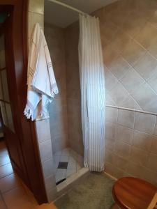 a bathroom with a shower with a shower curtain at Chata DOBROTKA in Liptovský Mikuláš