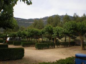 a park with a bunch of trees and a trailer at Montsant Park Camping & Bungalow in Ulldemolins