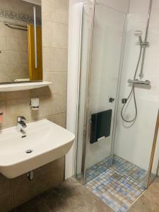a bathroom with a sink and a shower at Naturstrand Apartment - 86m² - 4 Betten - Parkplatz in Hagermarsch