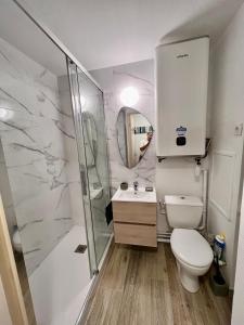 La salle de bains est pourvue de toilettes, d'un lavabo et d'une douche. dans l'établissement Plage Cabourg 7 Vue Mer, à Cabourg