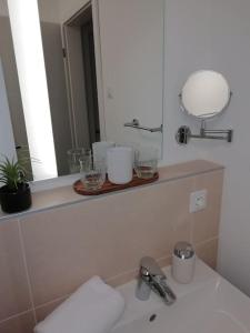 a bathroom counter with a sink and a mirror at Premium Apartment mit Terrasse in Wörth