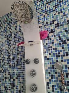 ein Bad mit Dusche und Wandfliesen in der Unterkunft Appartement à Montmartre in Paris