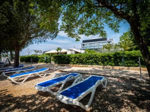 un grupo de sillones azules y blancos bajo un árbol en Hotel Villa Rosetta, en Umag