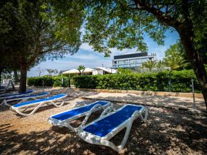 a group of blue and white lounge chairs under a tree at Hotel Villa Rosetta in Umag
