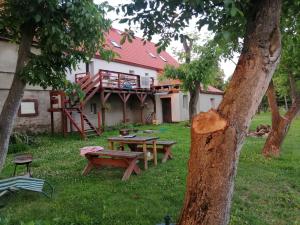 a backyard with a picnic table and a deck at Agroturystyka u podnóża Gór Sowich in Pieszyce