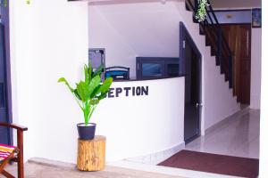 a sign that reads reception in a room with a plant at Volume view Apartments in Mombasa