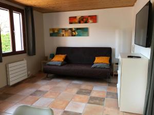 een woonkamer met een bank en een tv bij La Rabasse de Gallinette in Aups