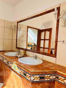 的住宿－Nádasdy Apartman，一间带两个盥洗盆和大镜子的浴室
