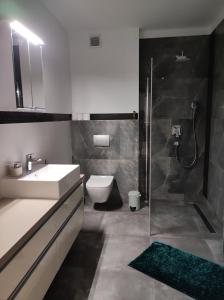 a bathroom with a sink and a shower and a toilet at Dom na wyłączność przy Prostej, z ogródkiem i parkingiem Faktury vat in Kielce