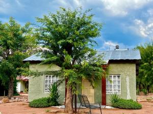 een groen huis met een boom ervoor bij Abenab Lodge & Tours cc in Grootfontein
