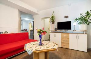 ein Wohnzimmer mit einem roten Sofa und einem Tisch mit Blumen in der Unterkunft NGUYEN LE 3 Schlafzimmer, 7 Bette,Dusche, 2 WC , Küche ab 2 Übernachtungen in Neukirch
