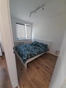 um quarto com uma cama e uma janela em Apartament Leszczynki em Gdynia