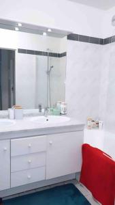 Baño con 2 lavabos y espejo en Apartment 2 bedroom with parking, pool and tennis, en Le Chesnay