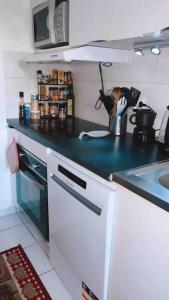 cocina con encimera azul y fregadero en Apartment 2 bedroom with parking, pool and tennis, en Le Chesnay