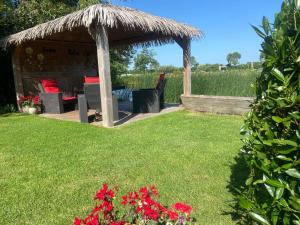 a gazebo with a table and chairs in a yard at Wetterwillefriesland in Wommels