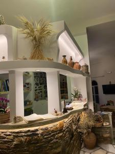 um quarto com uma prateleira com plantas em Afrodite Hotel em Tinos Town