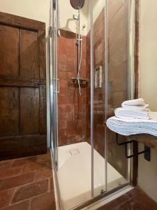 La salle de bains est pourvue d'une douche avec une porte en verre. dans l'établissement Terra della Baronia, à Santo Stefano di Sessanio