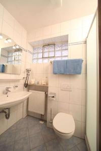 a white bathroom with a toilet and a sink at Gasthof zum Bayerischen in Greding