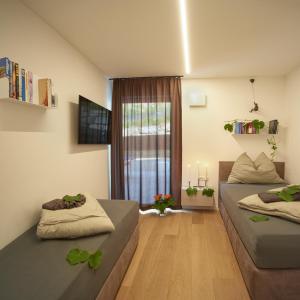 a living room with two beds and a window at Garden e Wellness LE VIGNE - relax e luxus in Tesimo