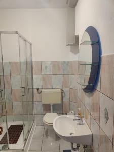 a bathroom with a toilet and a sink and a mirror at Apartments Pula with private parking Self Check In in Pula