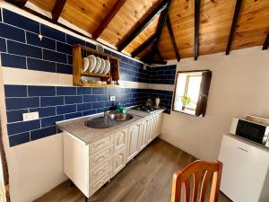 eine Küche mit einem Waschbecken und blauen Wandfliesen in der Unterkunft Chozos Ocean View by VV Canary Ocean Homes in Las Cruces
