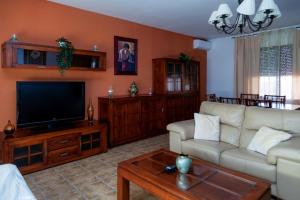 a living room with a couch and a flat screen tv at Los olivares de Rober in Polán