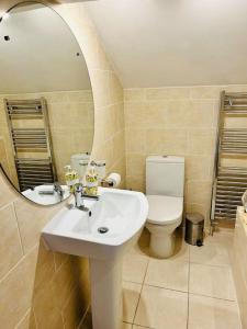 a bathroom with a sink and a toilet and a mirror at Ilkley Central Penthouse in Ilkley