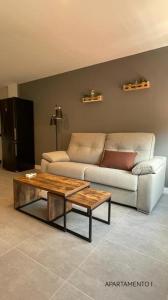a living room with a couch and a coffee table at Urbanlux Belmonte Suite in Albacete