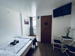 Dormitorio con cama, escritorio y TV en Noclegi Przystanek Bieszczady w Centrum en Ustrzyki Dolne