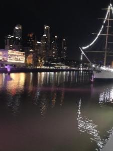 een boot in het water met een stad in de nacht bij Hipolito Argentina in Buenos Aires