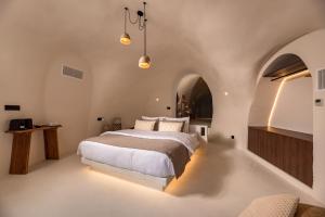 een slaapkamer met een groot bed in een kamer met gewelfde plafonds bij Twenty One Suites in Oia