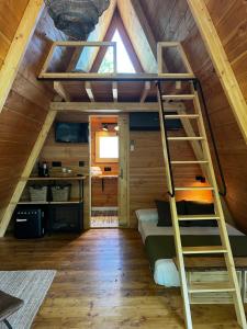 a loft bed in a tiny house with a ladder at Càmping l'Alguer in Les Planes d'Hostoles