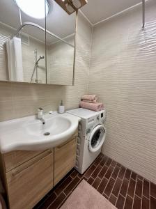 La salle de bains est pourvue d'un lavabo et d'un lave-linge. dans l'établissement Pärnu Sunshine Majutus, à Pärnu