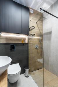a bathroom with a shower and a toilet and a sink at RentPlanet - Apartament Piłsudskiego in Wrocław