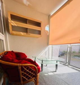 Apartment Künzelsau في كونتسلزاو: غرفة بها كرسي وطاولة زجاجية