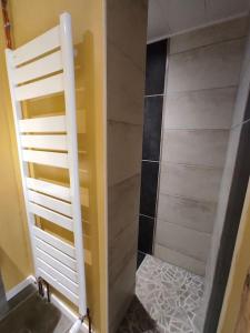 a bathroom with a shower with a white door at Gîte du p'tit randonneur in Verrières-en-Forez