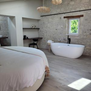 a bedroom with a bath tub and a bed at Hôtel Rive Sud in Chinon